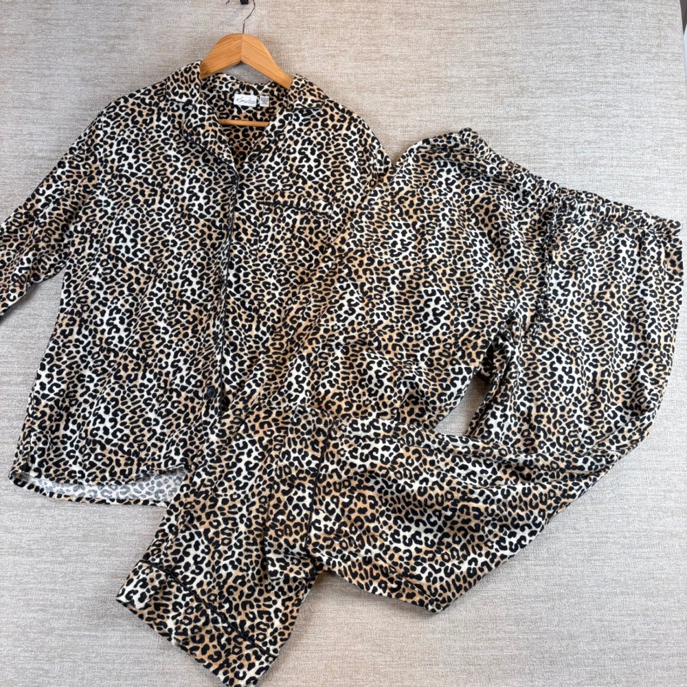 Kim Rogers Leopard Print Cotton Flannel Lounge Set Pajamas Womens L EUC Mob Wife
